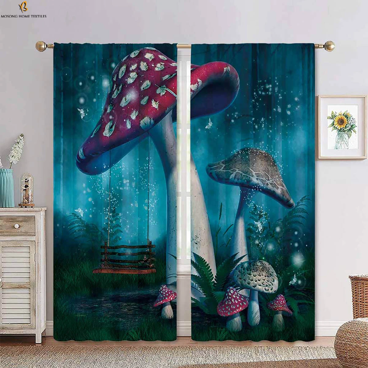 Fantasy Cartoon World Mushroom 3d Printing Curtain Bedroom Kitchen Living Room Children's Room Decorative Curtain 2 Pieces