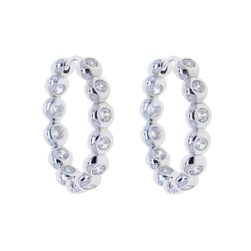 Geometric Round Ball Beaded Band Bezel Set Sparking 5A CZ Classic Simple Women Huggie Hoop Earring Medium