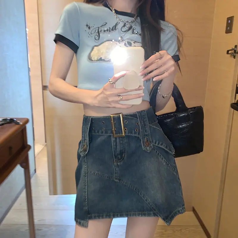 Women's 2024 Summer New Spicy Girl Vintage Solid Color Denim High Waist Spliced Button Bandage Chic Wrap Hip A-line Short Skirts