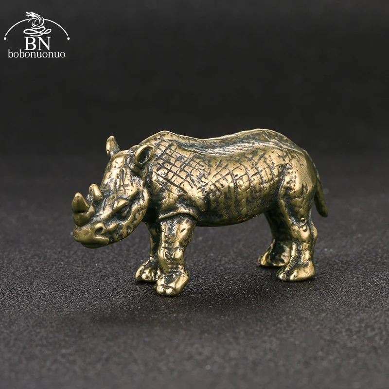 Solid Brass Rhino Statue Ornament Office Desktop Decoration Crafts Accessories Antique Copper Animal Tea Pet Figurines Miniature