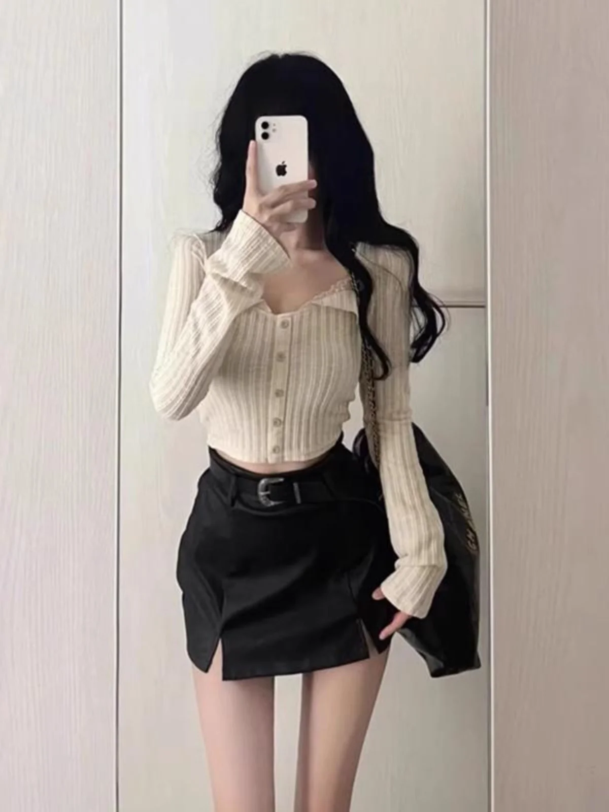 

Sweet Japanese Sle Lace Trim Striped Long Sve Square Collar T-irt Women's Autumn Spicy Pure Desire Slim Fit ort Top