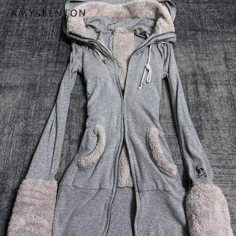 Autumn Winter New Gray Hooded Sweatshirt Women's Jackets  Original Design Lamb Wool Splicing Sweet Cool Creative Top Coat Ladies