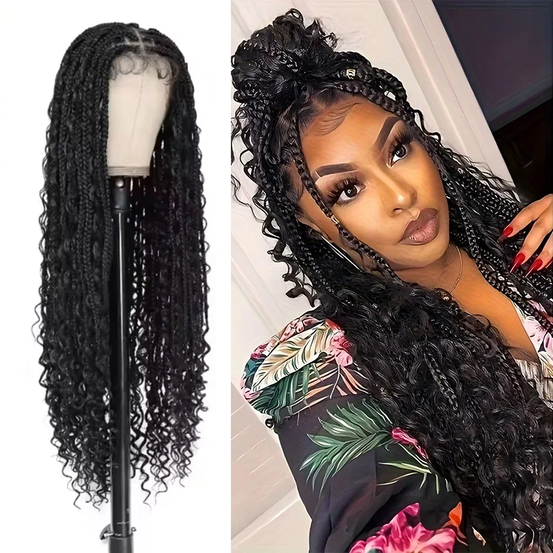 

Синтетические длинные плетеные парики в стиле бохо, парики с косами в стиле бохо для чернокожих женщин, полностью плетеные парики с косами и детской прядью на кружевной основе