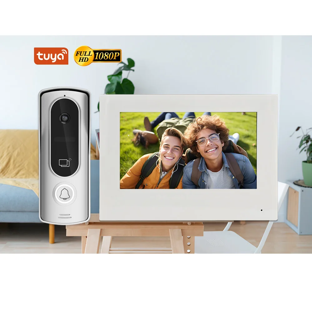 หน้าจอ IPS 7 นิ้ว ควบคุมผ่านแอป Tuya วิดีโออินเตอร์คอมประตู 2MP 1080P แบบมีสาย/ไร้สาย กล้องมองประตูพร้อมอินเตอร์คอม