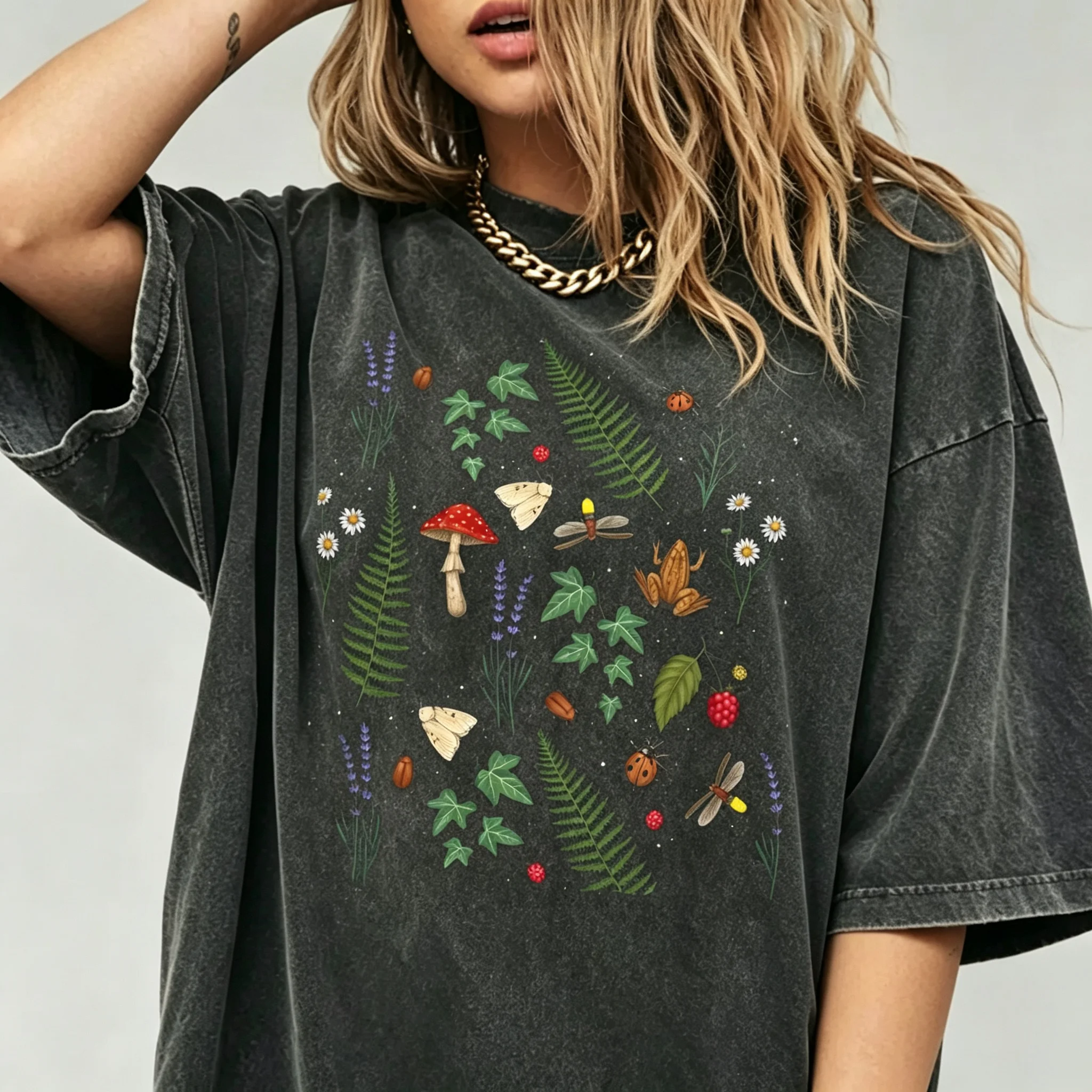 Vintage Washed Oversized T‑Shirt Women Cottagecore Forest Mushroom Insect Fern Floral Graphic Tee Loose Streetwear Unisex Tops