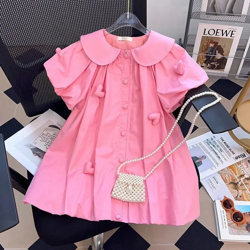 

2-12Y Girls Summer Dress Small Lapel Single Breasted Design Cute Princess Dress Children Girls 3D Love Decal Bubble Sleeve Dress