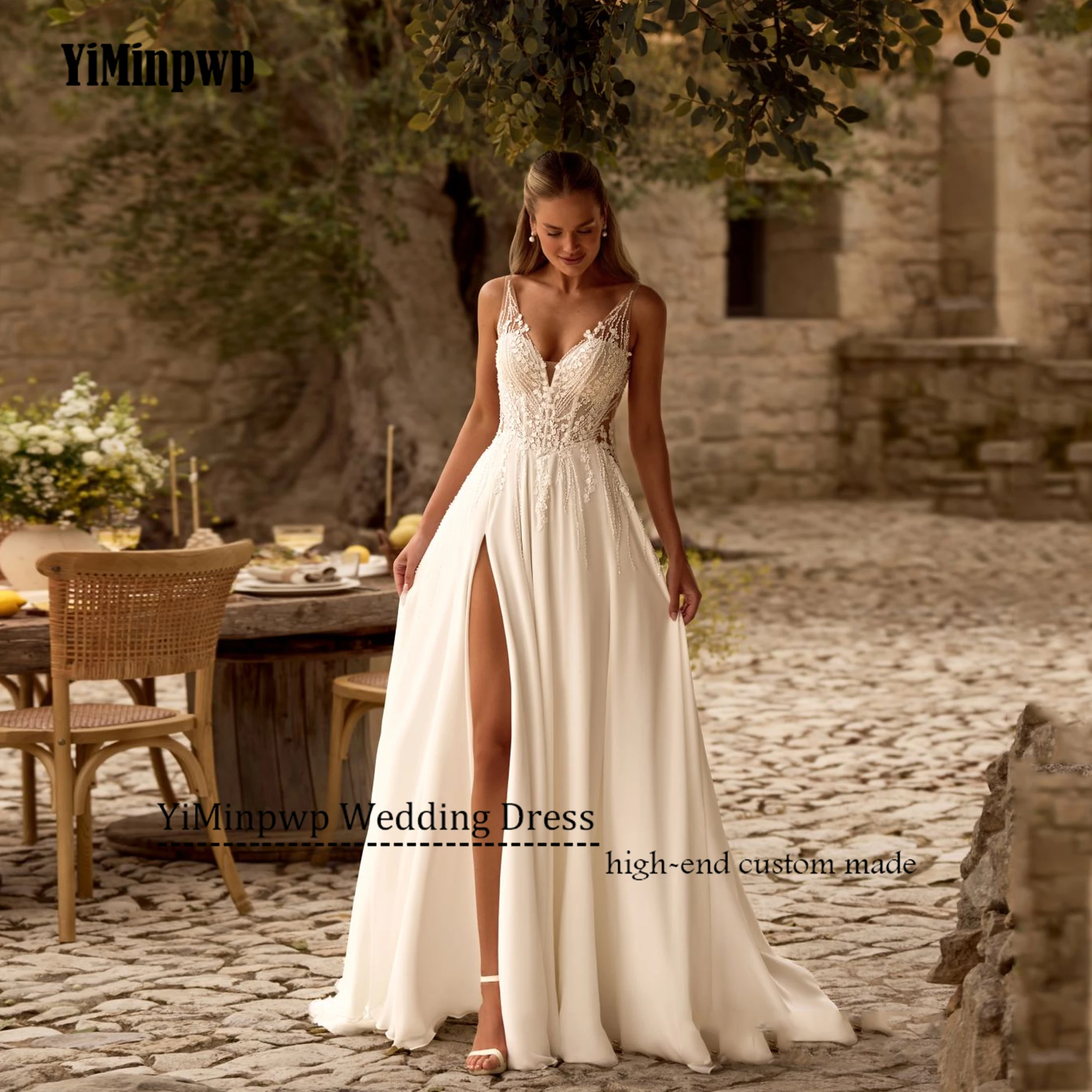

Boho Spaghetti Straps Weddinng Gowns 2025 V-Neck Bride Dresses Side Split A-Line Backless Chiffon vestidos de novia Customized
