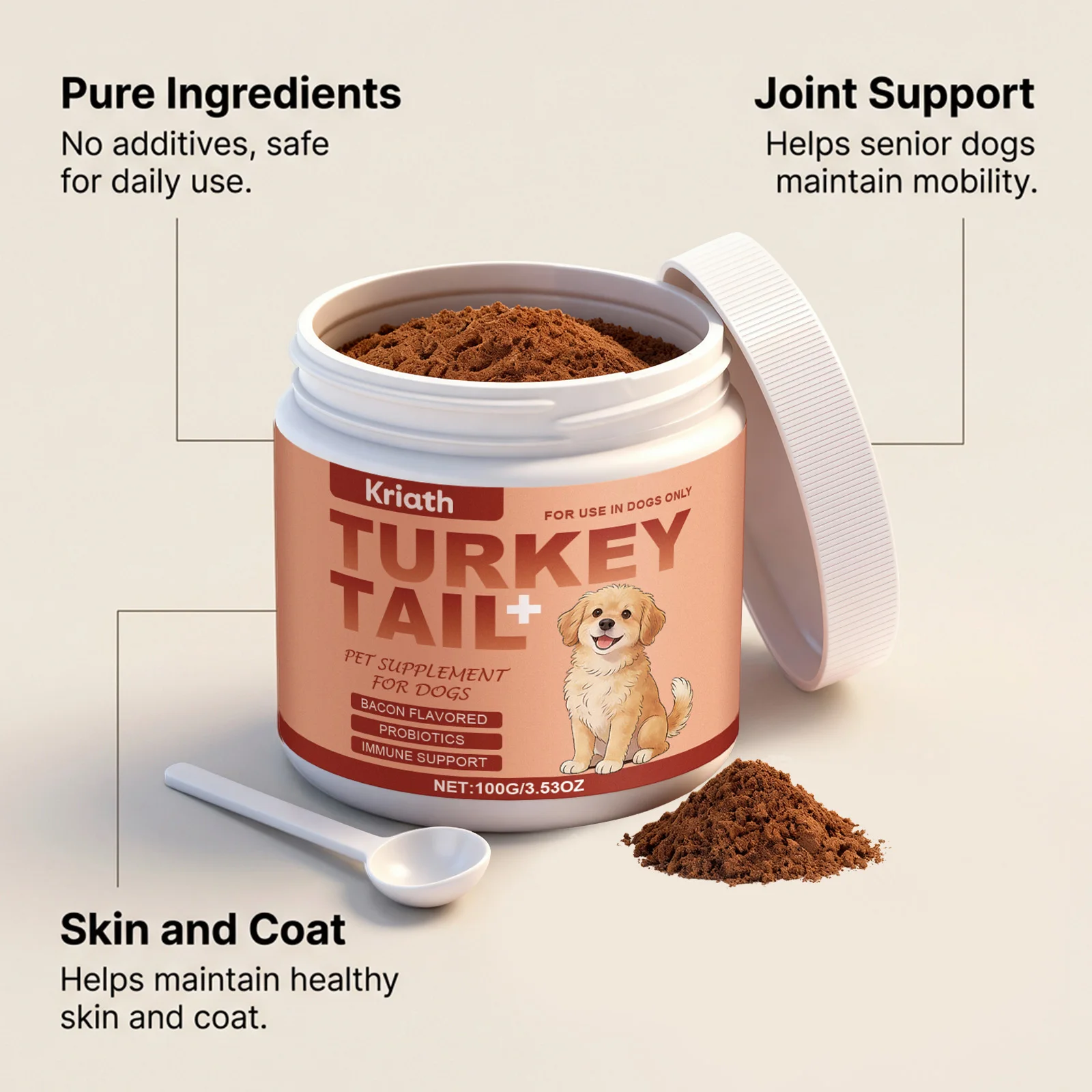 Turkey Tail Mushroom Powder for Dogs, Bacon Flavor Pet Immune Support Joint Hip Gut Health Supplement, Skin Coat Care Powder 4