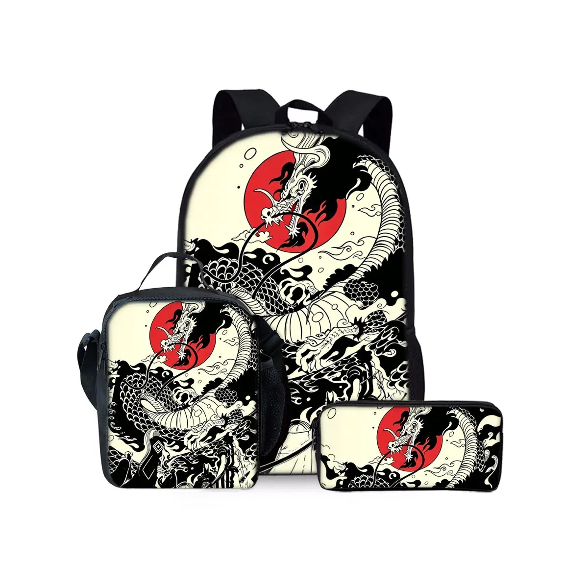 Chinese Divine Dragon Print Three Piece Backpacks Set for Boy and Girls Best Gifts 2D Flat Cartoon School Bag for Children