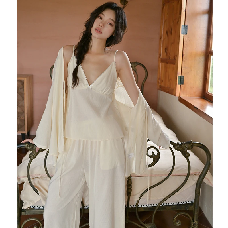 trendy-cotton-pajamas-women's-long-sve-loose-home-clothes-set-with-chest-pad-can-be-worn-outside-comfortable-v-ne-soft