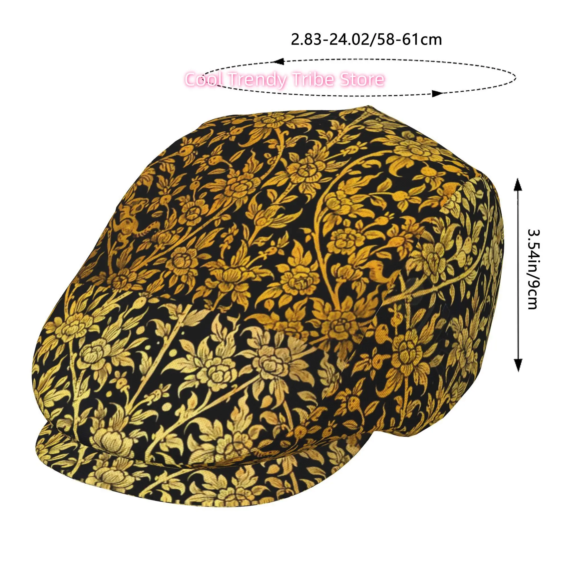 1pc of Golden Foil Painting Featuring a Dark Night Scene with Birds And Flowers, Complete Face Print Beret. A Stylish Newsboy Ca
