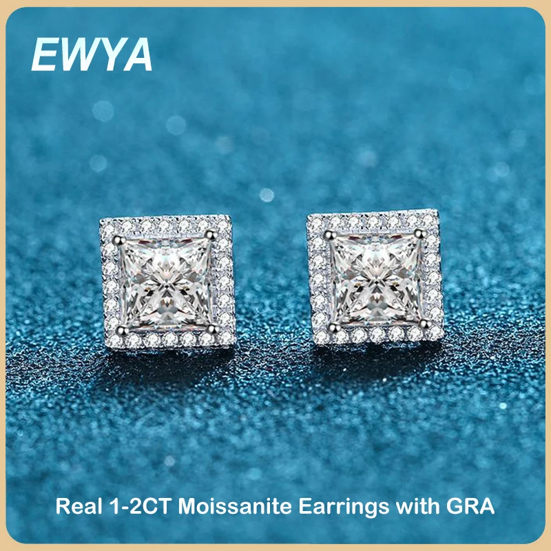 

EWYA Sparkling 1-2CT Princess Cut Moissanite Stud Earrings For Women Party Fine Jewelry S925 Silver Plated PT950 Diamond Earring