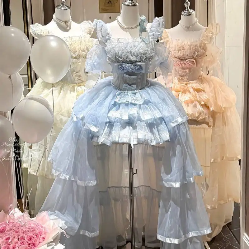 Flower Girls Light Blue Corset Lolita Dress 3D Floral Decor High‑low Trailing Tulle Skirt Elegant Princess Evening Party Outfit view 4