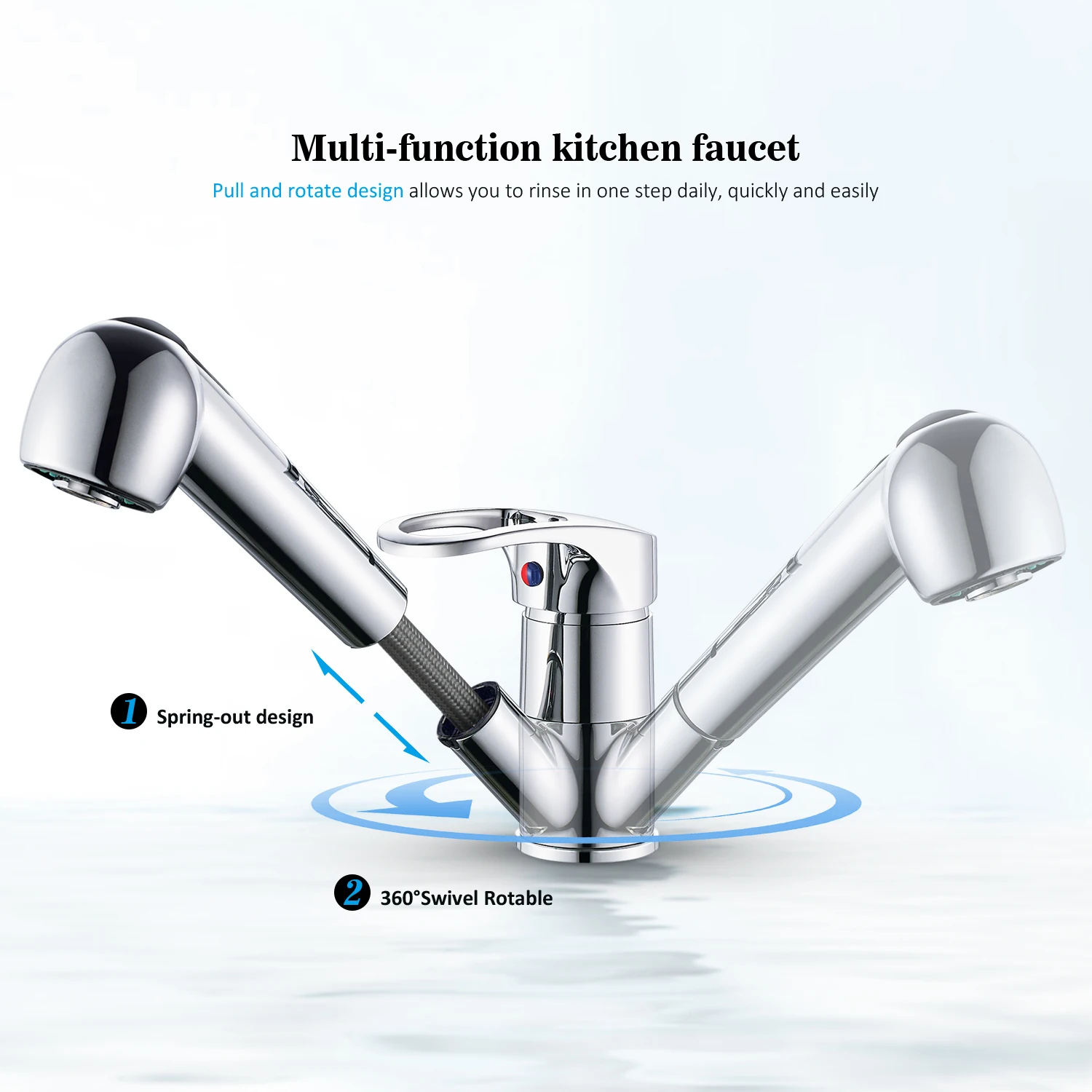 Verchromter Küchenarmatur, ausziehbarer Mischbatterie, 360° ° Schwenkbarer Wasserhahn aus Messing, Einhebelmischer für Warm- und Kaltwasser, 2 Sprühmodi – Detail 4