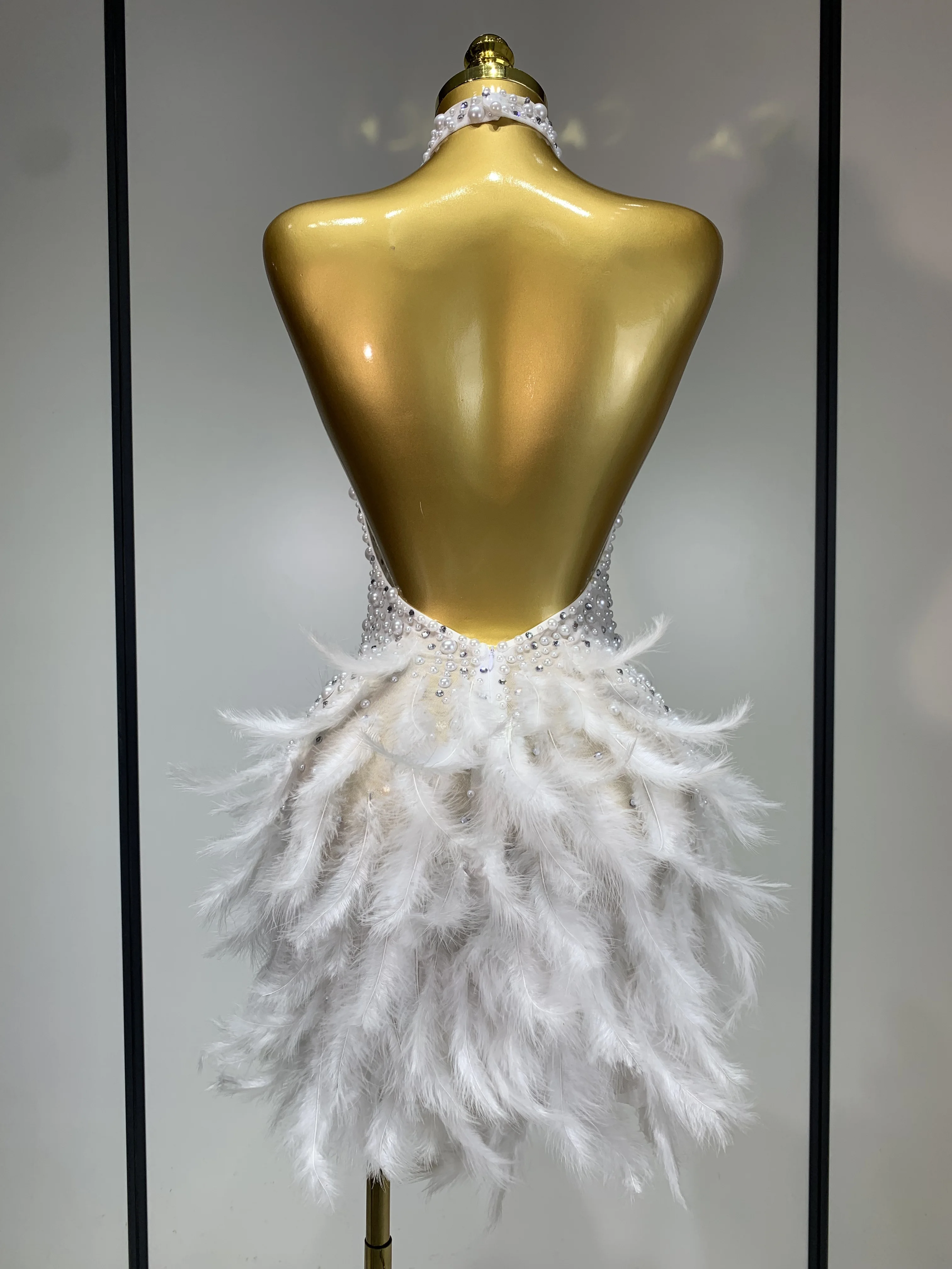Sexy Halter Backless Feather Pearl Short Party Dress Women Luxury  Rhinestone Celebrate Birthday Outfit Performance Dance Costume - AliExpress  200000345