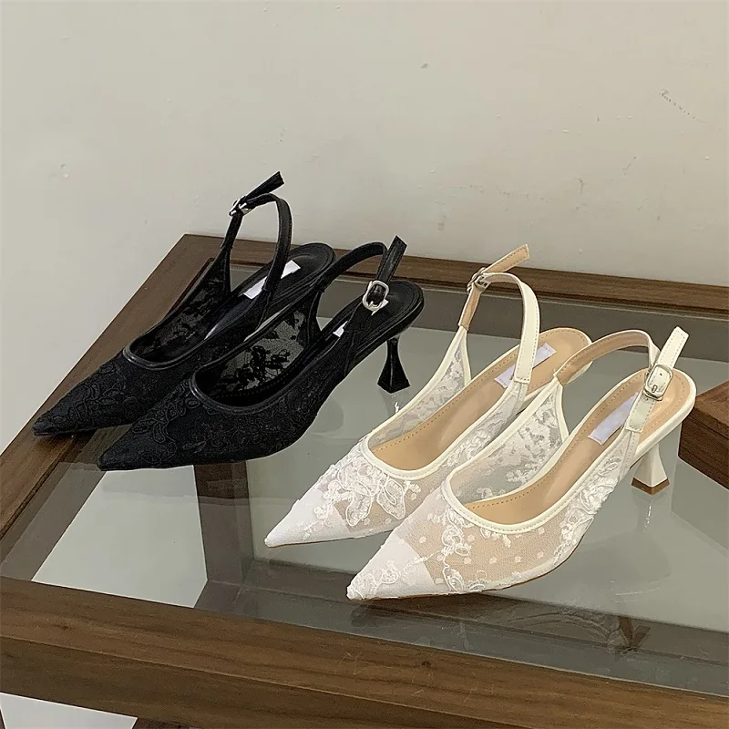 

Aneikeh Fashion Low Heels Slingback Pumps Sexy Pointed Toe Designer Lace Sequin Hollow Out Mesh Women Sandals Ladies Shoes