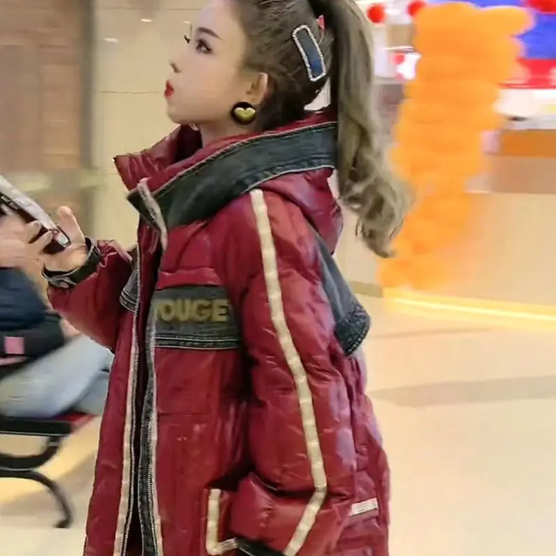 European Design Down Cotton Clothes New Niche Splicing Fluff Embroidery Age-reducing Bread Clothes Medium and Long Loose Clothes