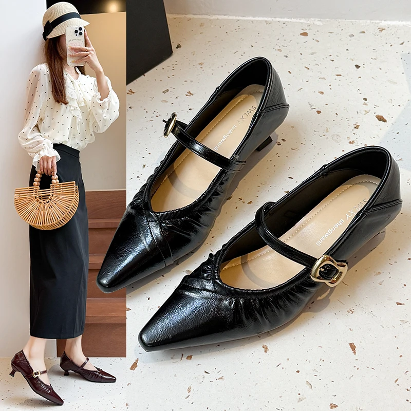 

Модные женские туфли-лодочки с пряжкой и ремешком на тонком среднем каблуке с острым носком, женская обувь из однотонной кожи с квадратной пряжкой, женские туфли Мэри Джейн