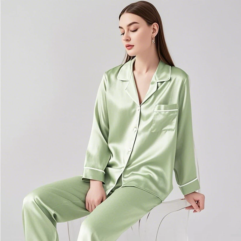 100% Mulberry Silk Button Down Lapel Pajamas Cardigan Set Solid Color Long Sleeve Long Pants Casual Pajama Nightwear Blue Pijama