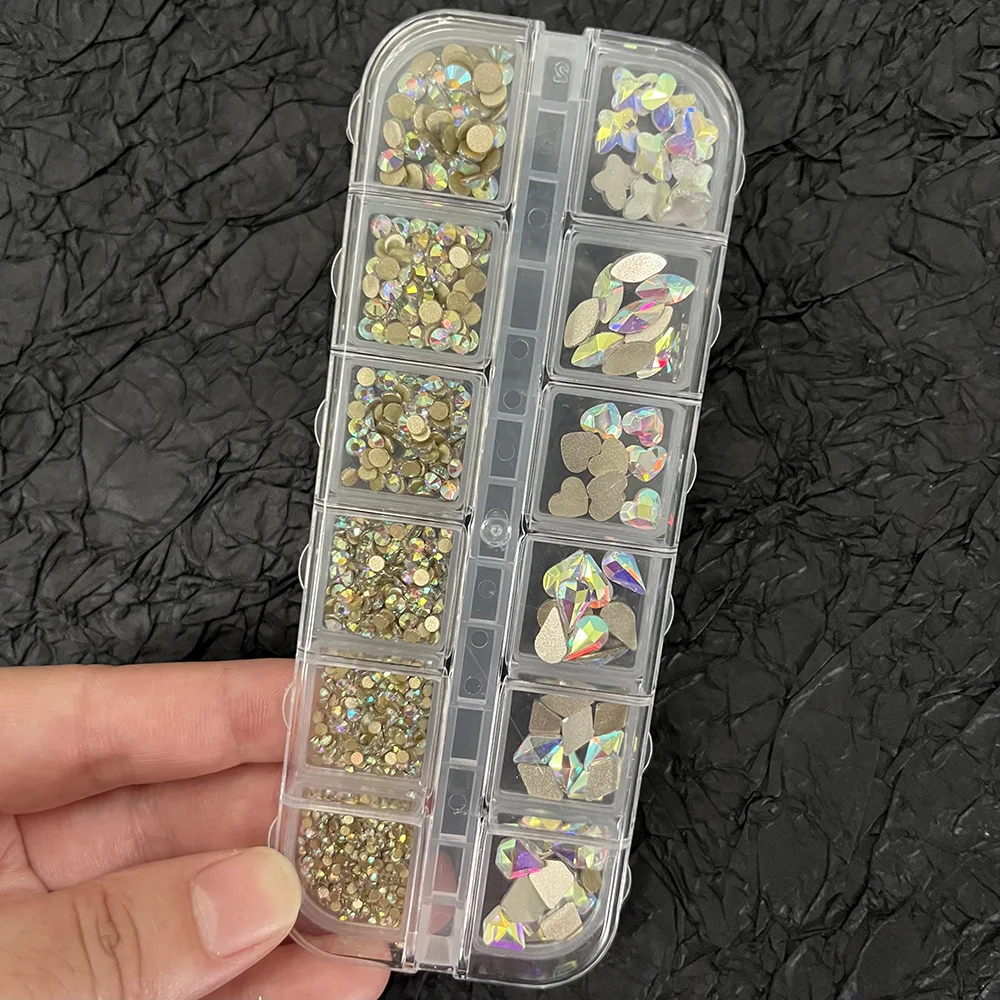 980-1020 pçs tamanho misto ab cristal arte do prego strass 12 grades brilhante ab diamante encaixotado não-hotfix laser glitter ab manicure vidro