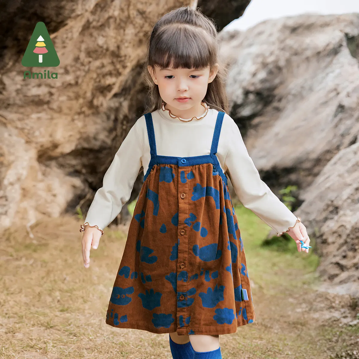 Amila Baby Long-Sleeved Suspender Skirt Two-Piece Set 2024 Autumn New Girls Full Print Loose Contrast Color Children’s Skirt Sui