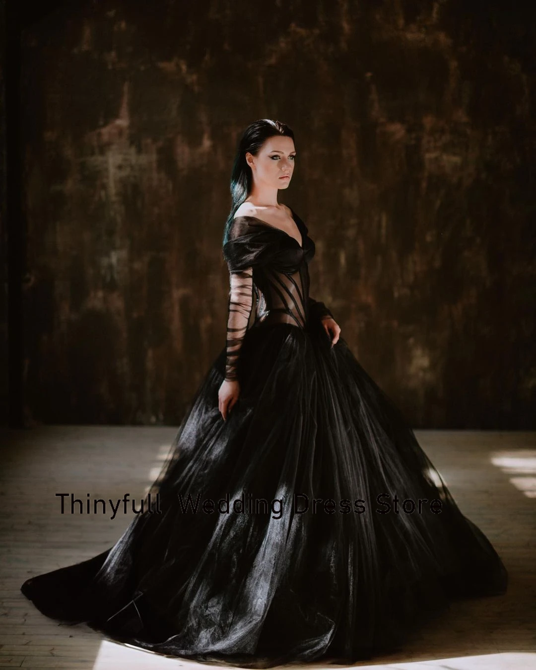 Thinyfull Black Gothic Sheer Corset Tulle Wedding Dress A-line Off Shoulder Long Sleeves Bride Dress Lace Up Bridal Gowns 2023