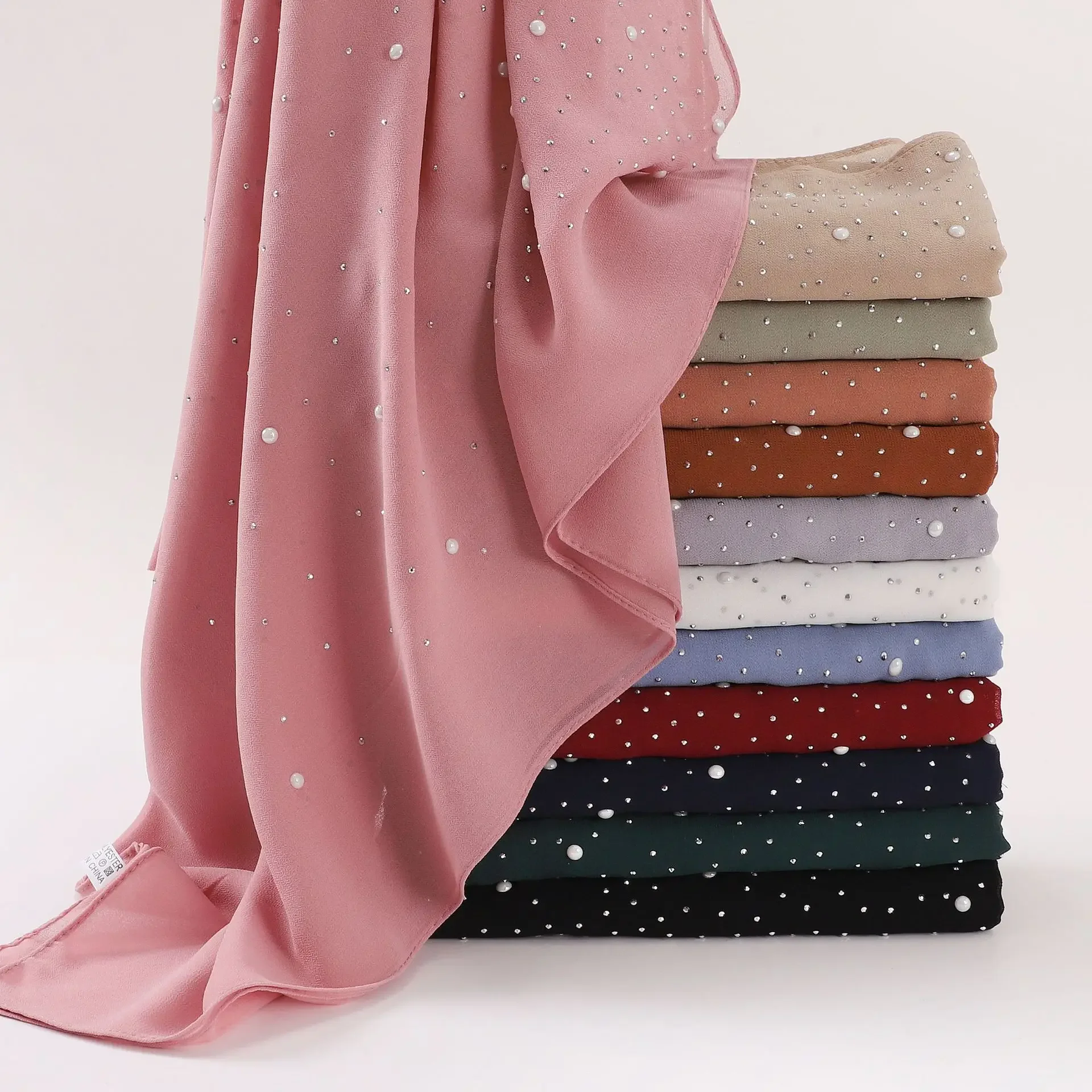 New Muslim Hijab Plain Diamond Beads Bubble Chiffon Hijab Shawls Solid Thick Head Wraps Muslim Scarf 175*70Cm