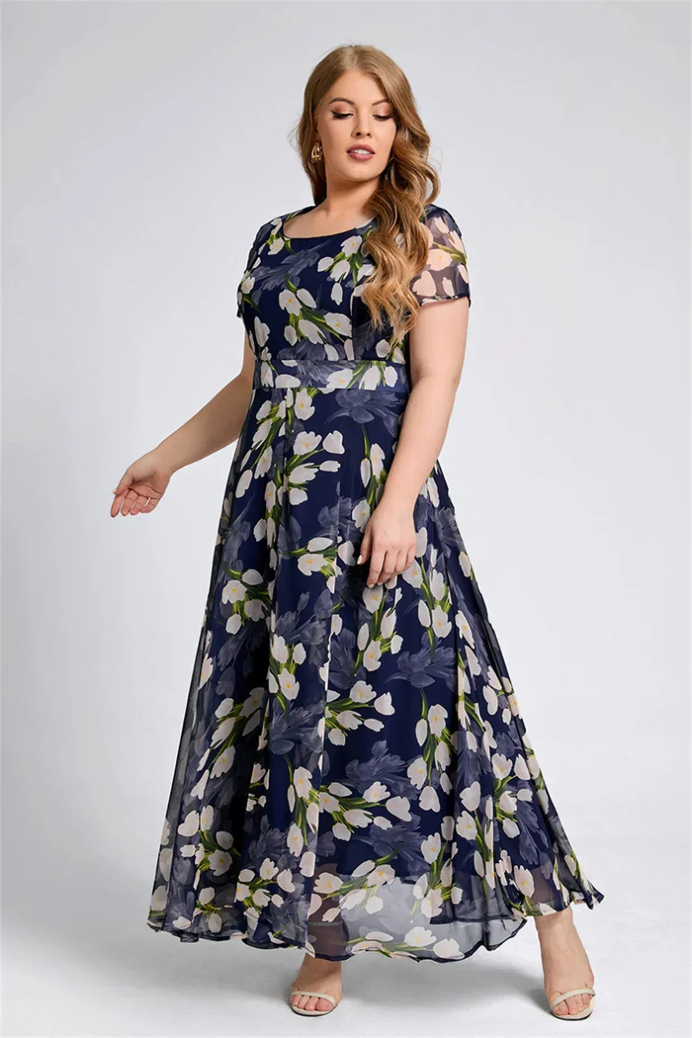 Plus Size Women Floral Printing Dress Short Sleeve Round Neck Chiffon A-line Dress Fashion Female Elegant Summer Dresses 2024