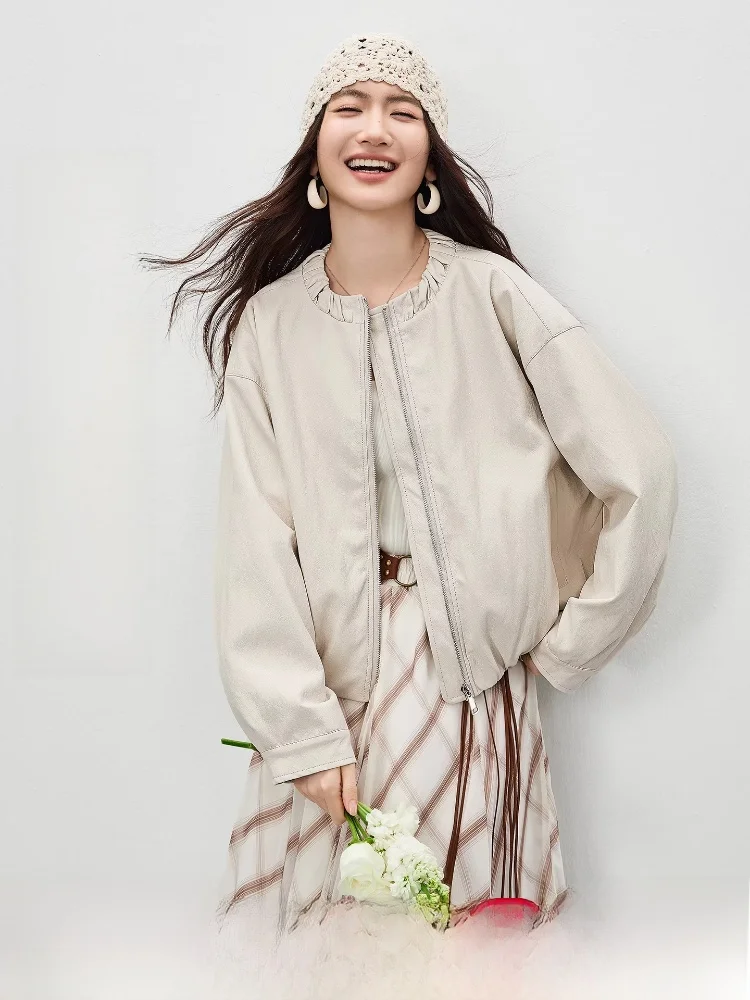 

ort PU Leather Jaet Women's Spring 2026 New Commute Pleated round Ne Loose oulder Long Sve Top Slimming Effect