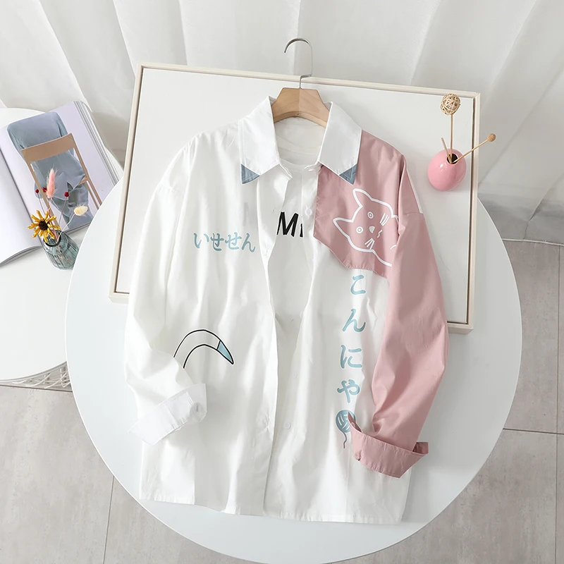 2025 Spring and Autumn Japanese Style Cute Cat Print Color Block Long Sleeve Shirt Men's White Blue Pink Casual Loose Shirt