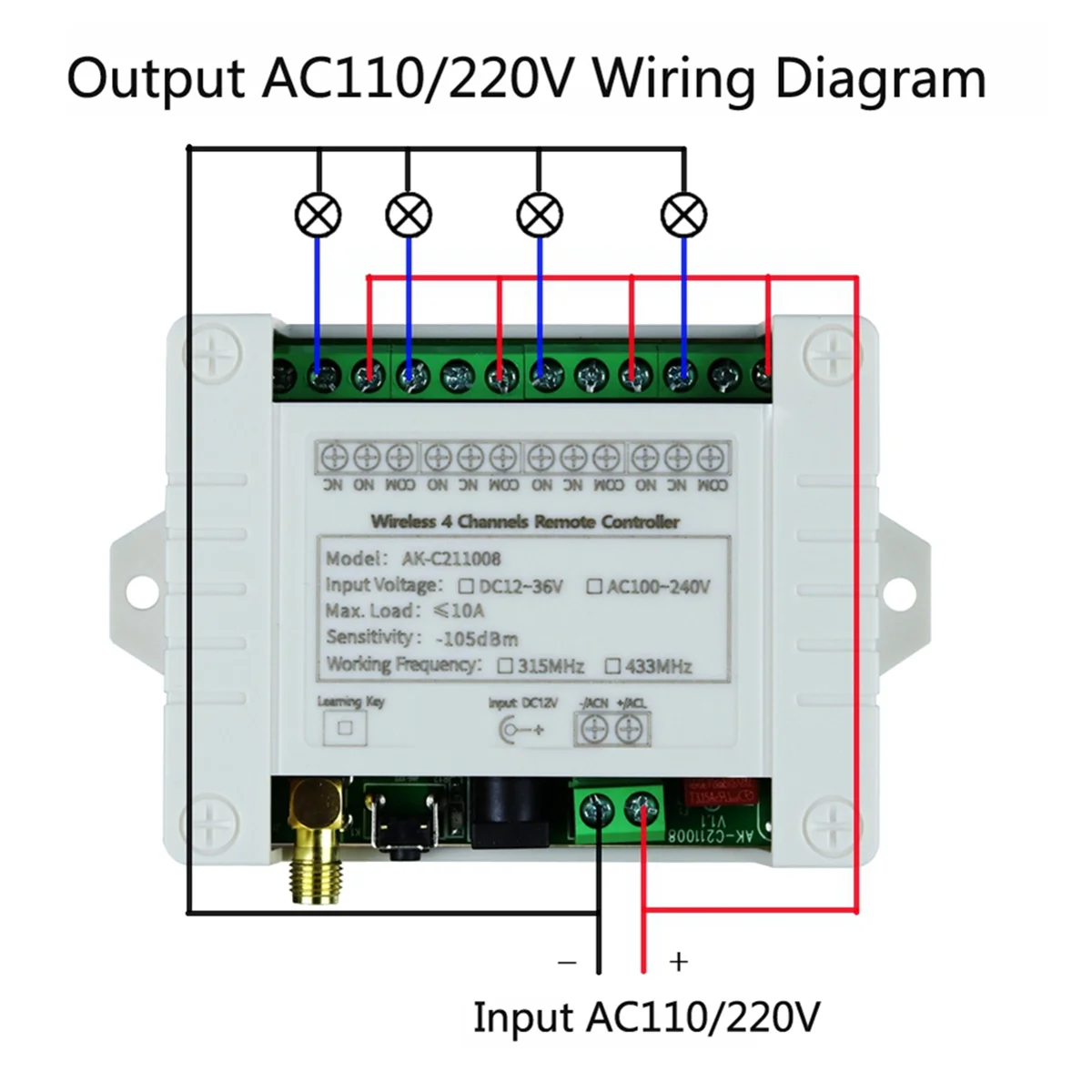 AC100-240V Wireless 4CH Remote Controller LED Light Switch Relay Output Radio RF Remote Control 433MHz Receiver