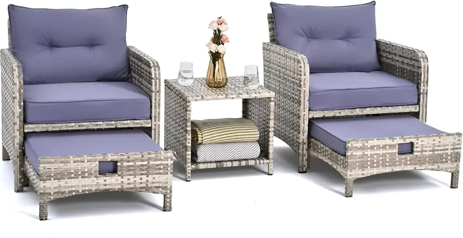 5 Pieces Wicker Patio Furniture Set Outdoor Ottomans Conversation with coffetable Poorside Garden (Purple Cushion + Grey Ratten)