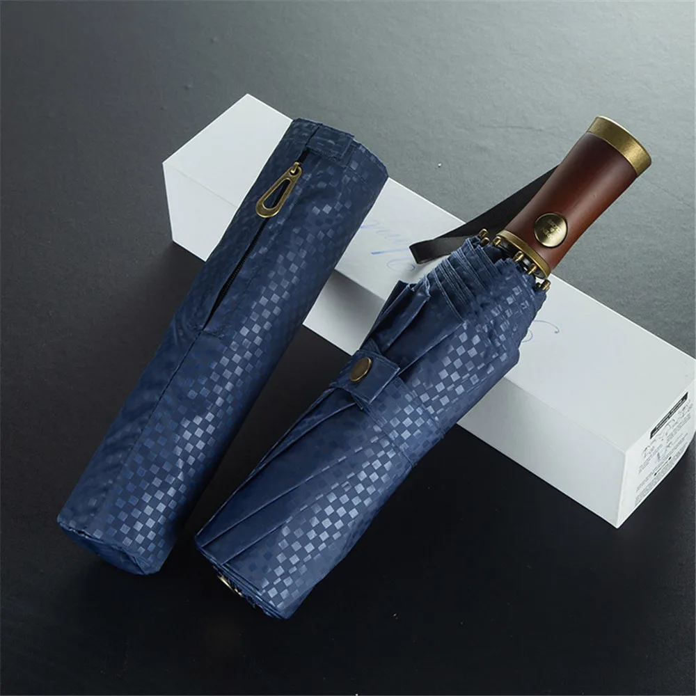 British Style Automatic Umbrella with Wood Handle Vinyl UV Protection Parasol 3 Folding Sun Shade Rain Gear with Gift Box