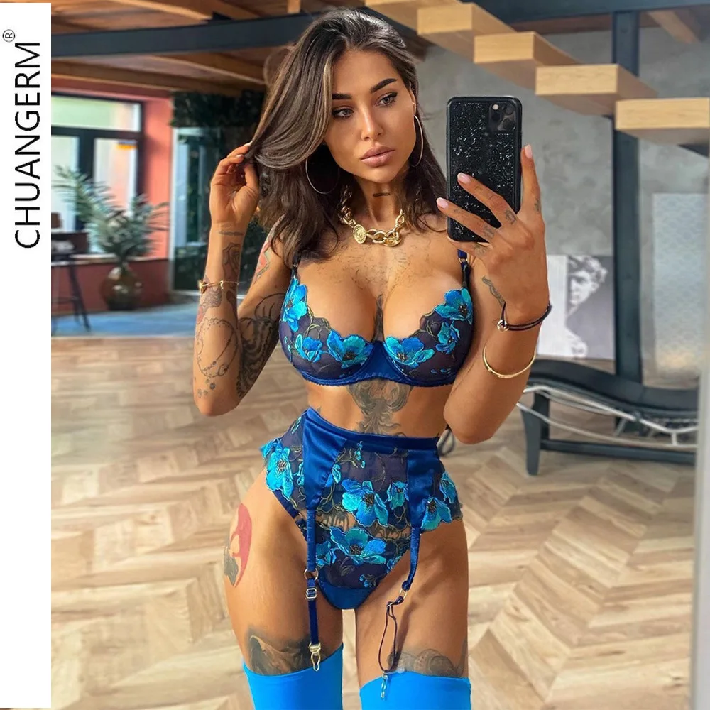 CHUNAGERM Wome Underwire Bra Garters Brief Embroidery Lingerie Underwear Set Patchwork Sexy Lingeri Intimate Hot Onlyfans