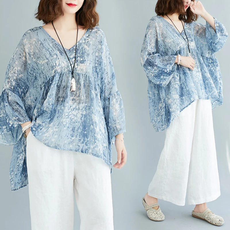 

plus Size Women's round Ne Printed Chiffon Overalls irt Bell Sve Casual Comfortable Faionable Summer Outfit