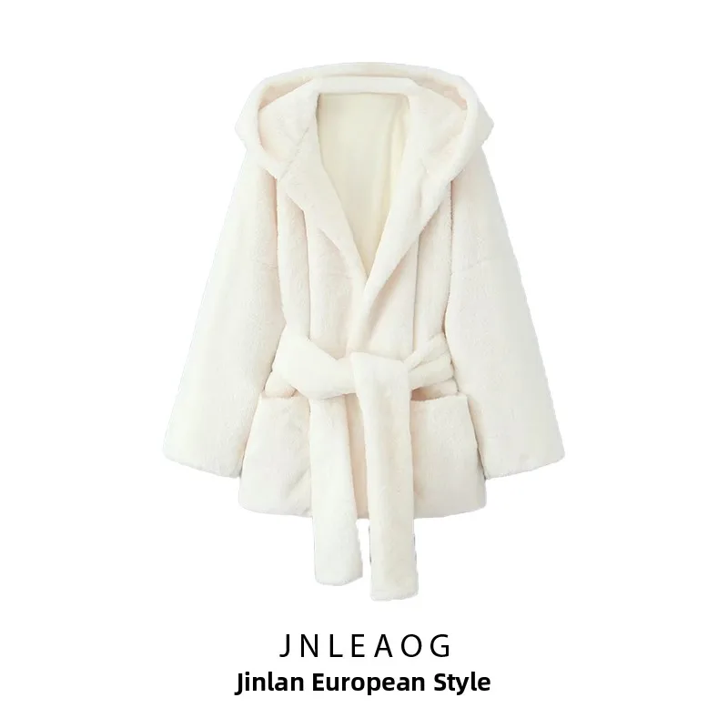 

JNLEAOG Faionable White Large Collar Hooded Coat Women's Autumn New Sle Commute Straight Cut Long Sve Polyester Fibre