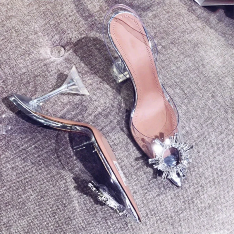 Transparent Sandals Women Summer 2025 New Word with Stiletto Rhinestone Sexy Baotou High Heels