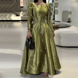 Fashion Satin A-Line Evening Dress Long Sleeve with Beaded Floor Length Women Customized Occasion Formal Colorful Party Gowns