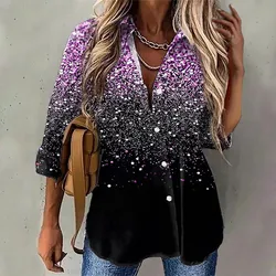 Womens Sequin Print Shirts V Neck Sparkly Glitter Blouses Loose Long Sleeve Holiday Evening Party Shiny Dressy Athletic Tees