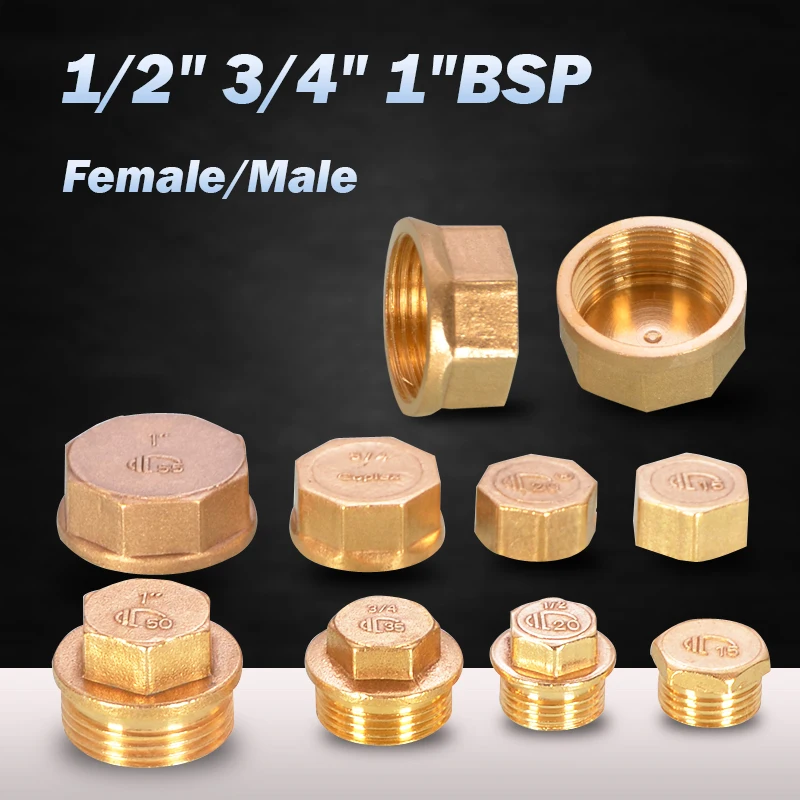

1~10Pcs 1/2" 3/4" 1" BSP Brass Female Blanking Cap Stop End Water Pipe Plug Cap Fitting Male Thread Hex Head End Plug