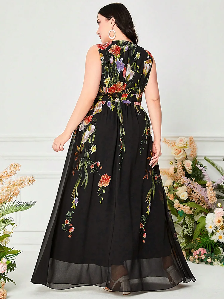 TOLEEN-Women Floral Print Sleeveless Chiffon Evening Dress, V-Neck Clothing, Casual Elegant Party Dress, Plus Size, Summer 2024