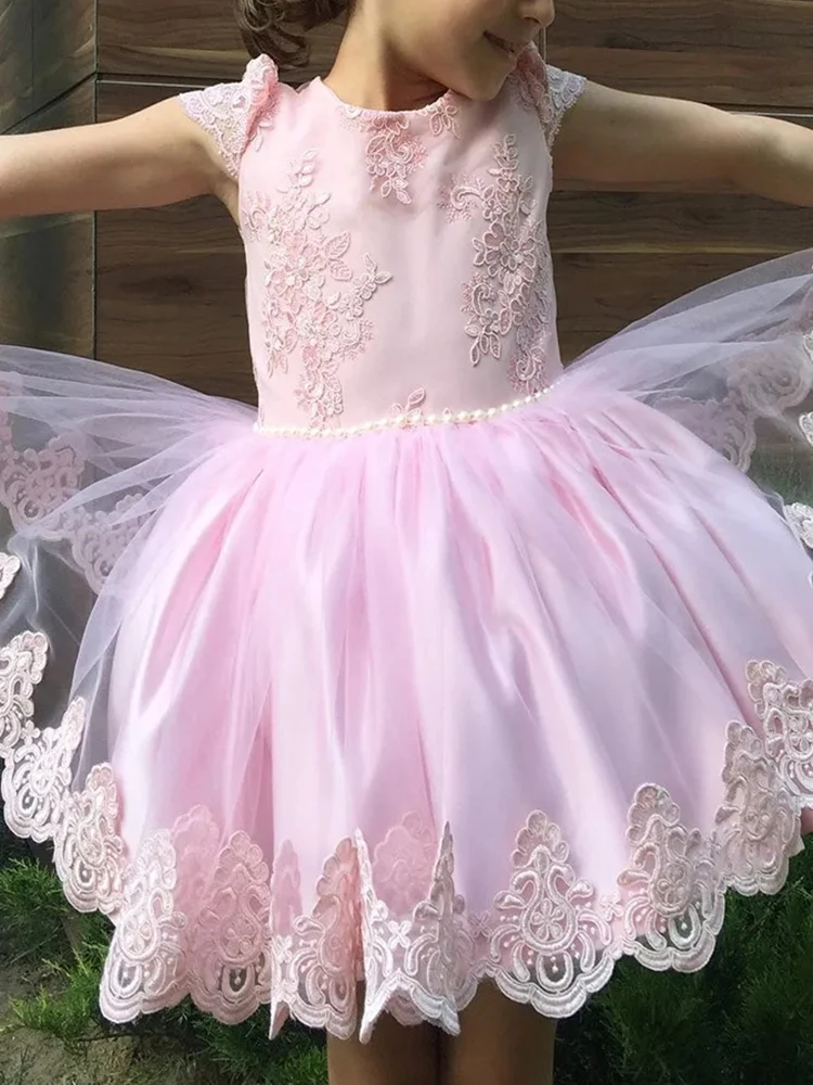 Roze Mooie Kanten Korte Mouw Knielengte Strik Meisje Bloemenmeisje Kleedt Prinsen Baljurk Eerste Communie Prom Fashion 2023