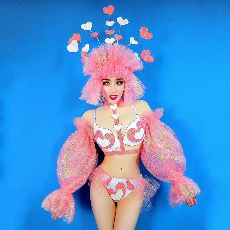 Nachtclub GOGO Tanzkostüm Bikini Kopfbedeckung Sängerin tragen Performance Puffärmel Set Rave Valentine Festival Kleidung