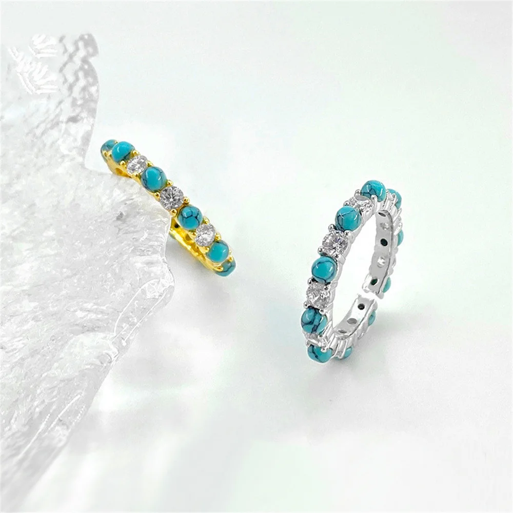 

Korean S925 Silver Turquoise Ring, Zircon-Inlaid, Ins Style Luxury High-End, Women's Euro-American Fashion Open Ring