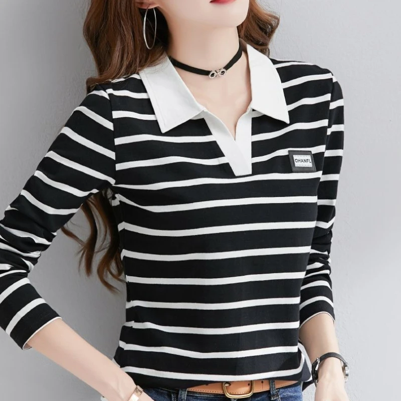 

Классическая полосатая блузка-поло с длинным рукавом для женщин, 100% хлопок, для многослойных осенне-зимних образов