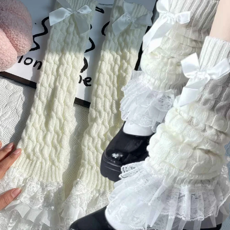 

2025 New Japanese Lolita Women's Knitted Warm Socks Butterfly Knot Layered Ruffle Lace Calf Socks Long Knee High Warm Socks