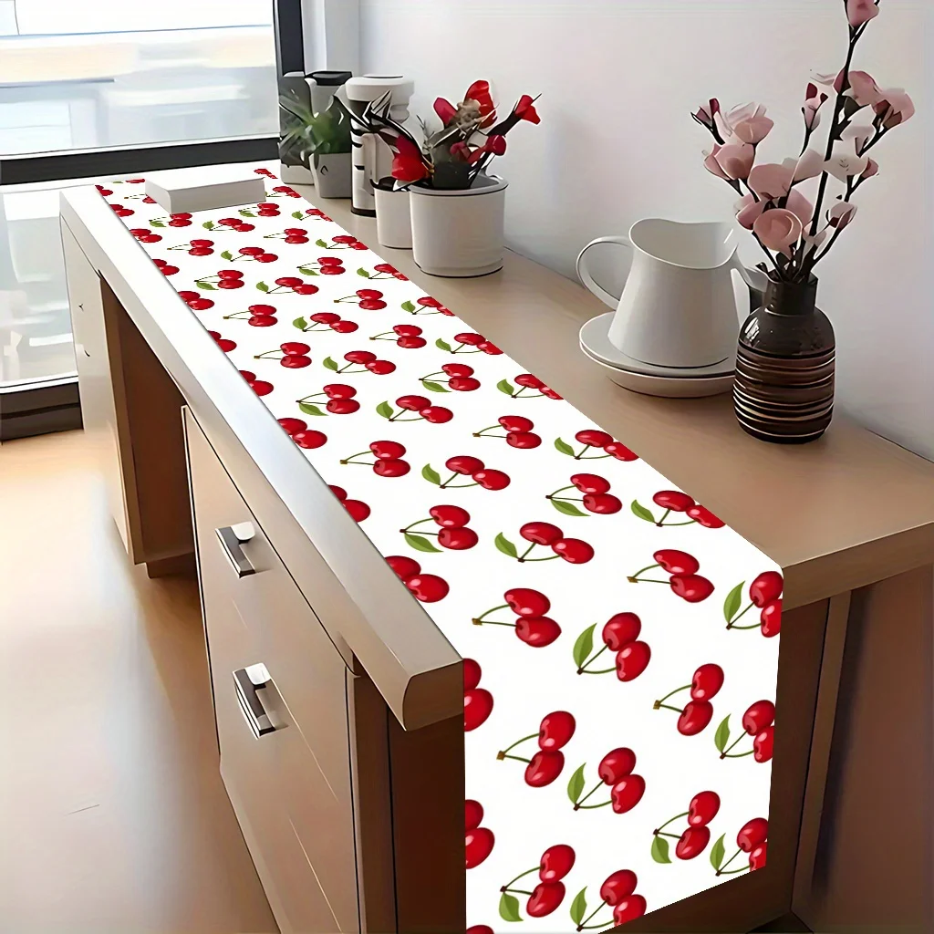 Sweet Cherries on White Print Table Runner - Romantic Vibrant Fruit Motif Decoration for Dining Coffee Table TV Stand Home Party