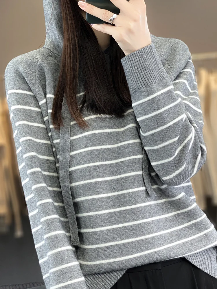 Striped Hoodies and Sweatshirts for Women, Merino Wool, Long Sleeve Sweaters, Ladies Clothes, Knitted Jumpers, New Arrivals