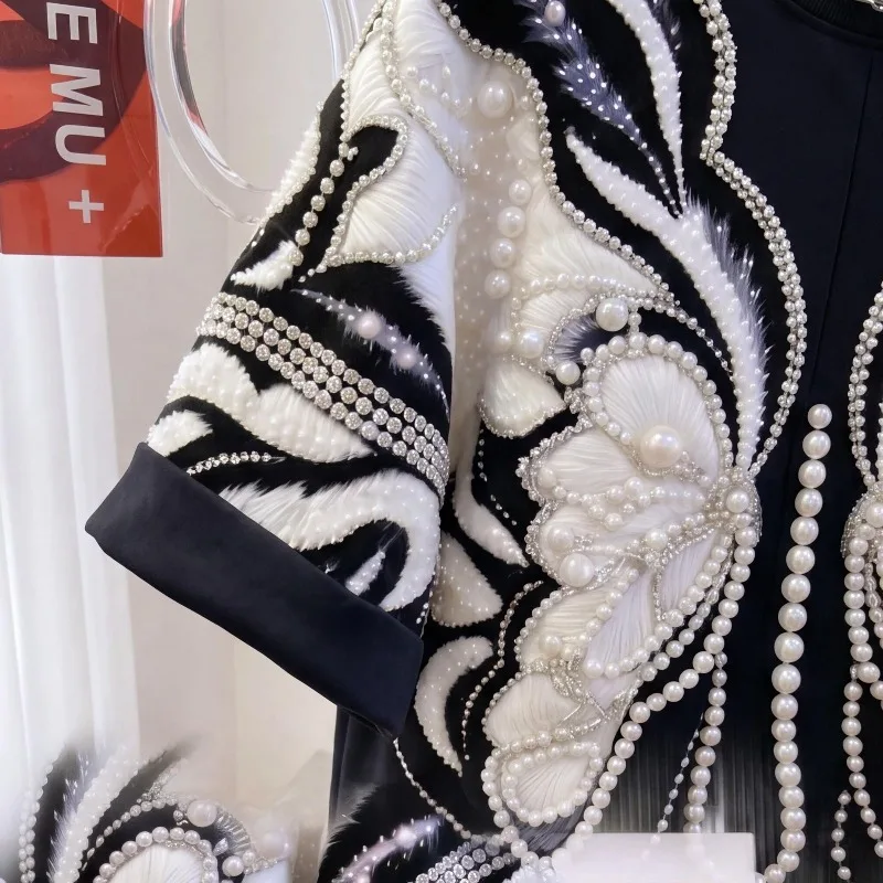 Summer Trend New Bead Butterfly Embroidery Loose Extra Large 145KGT-Shirt Lazy Fashion Men's