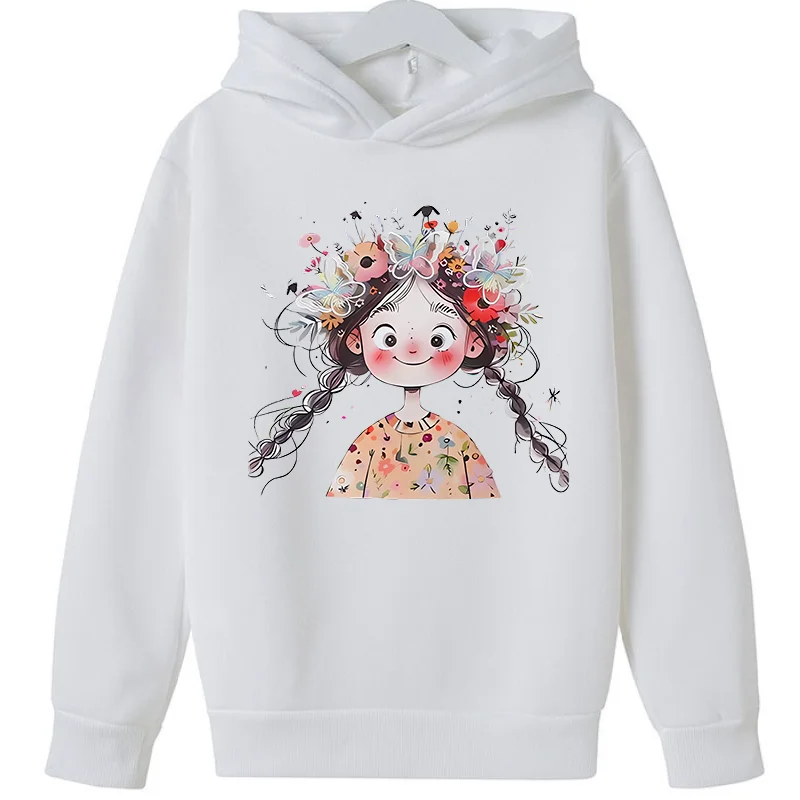 Girls Hoodie, Cute Braid Girl With Flower Crown Butterfly Print Long Sleeve Pullover Casual Kids Hooded Sweatshirt Tops